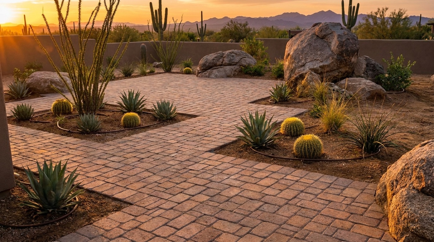 New paver patio with desert planting