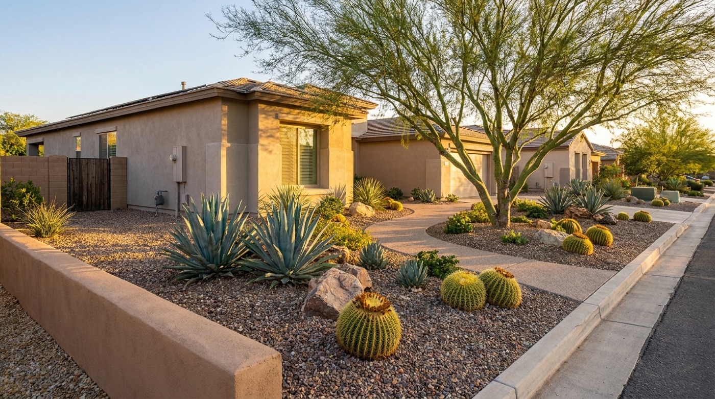 Finished xeriscape front yard with desert plants